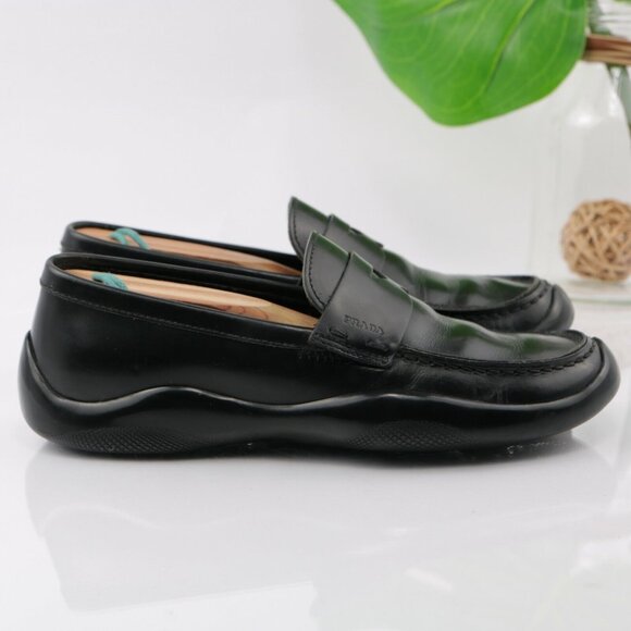 Prada Women Spazzolato Rois Penny Loafer Size 6 Black Leather Vibram Linea Rosa - Picture 3 of 12